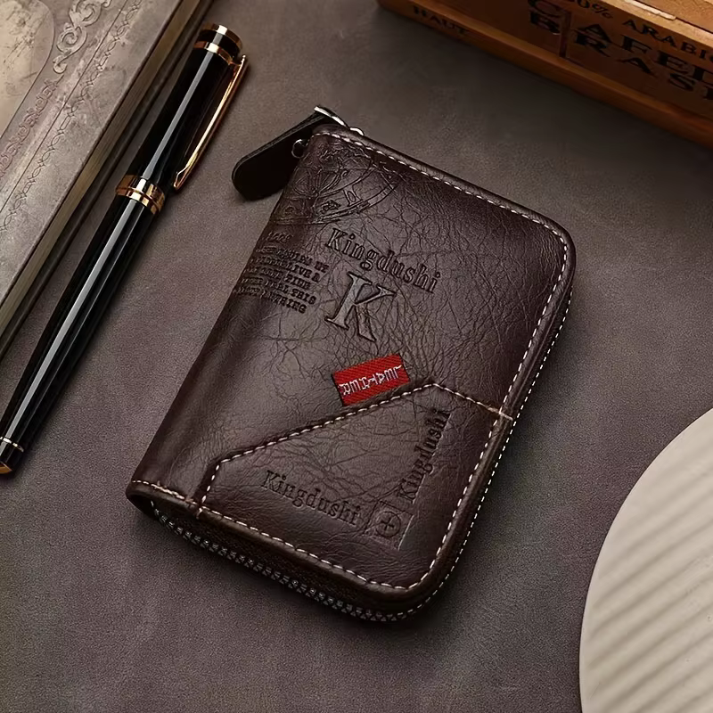 Porte-cartes fin vintage avec blocage RFID - Portefeuille en cuir PU avec fermeture éclair