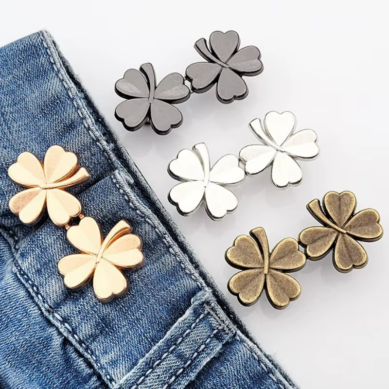 Boucle de taille trèfle à quatre feuilles, mignonne, amovible, sans clous, en métal, pour pantalons en jean, boutons, broches, bricolage, tendeur de taille, boucles pour vêtements