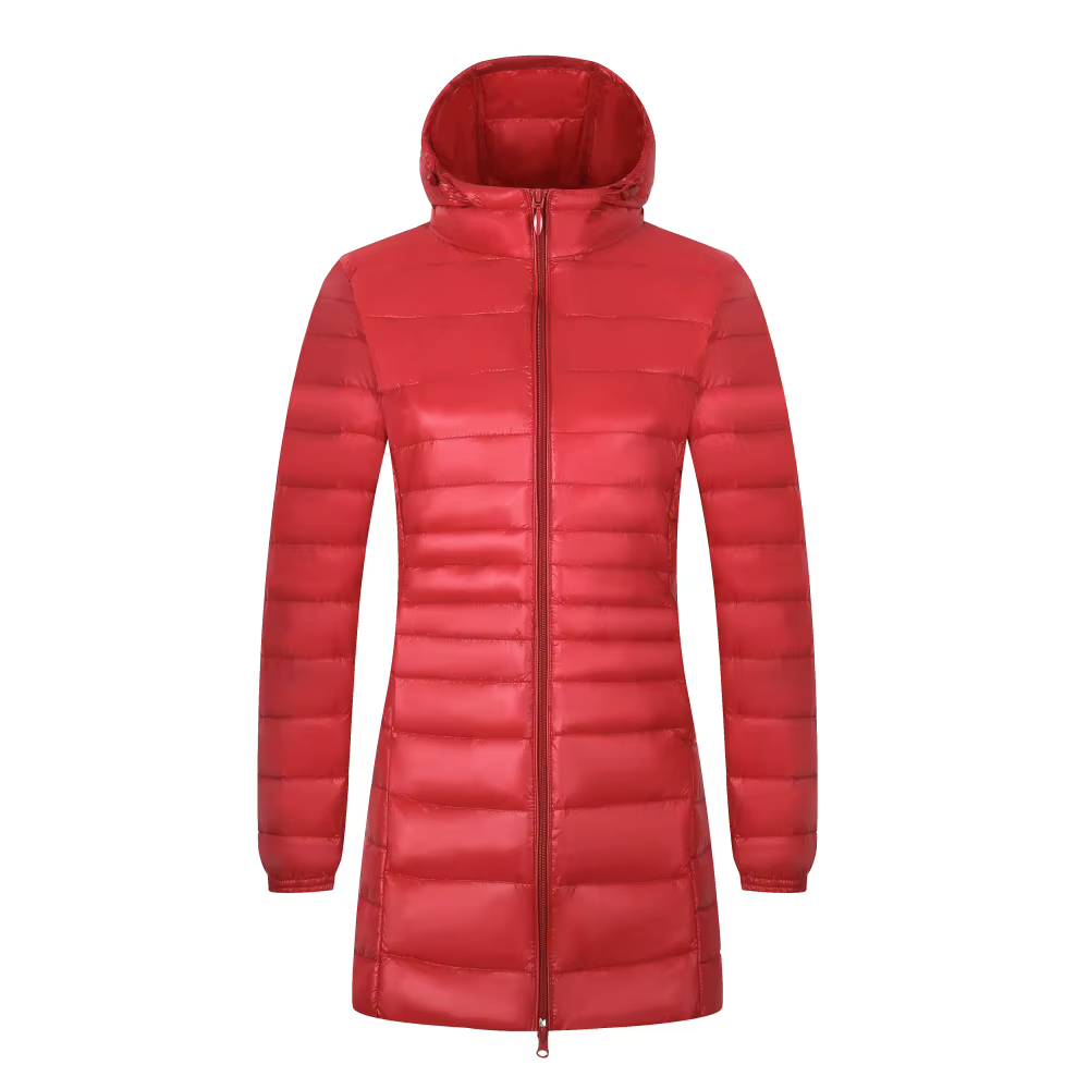 Manteau long en duvet chaud pour femme avec sac de rangement portable