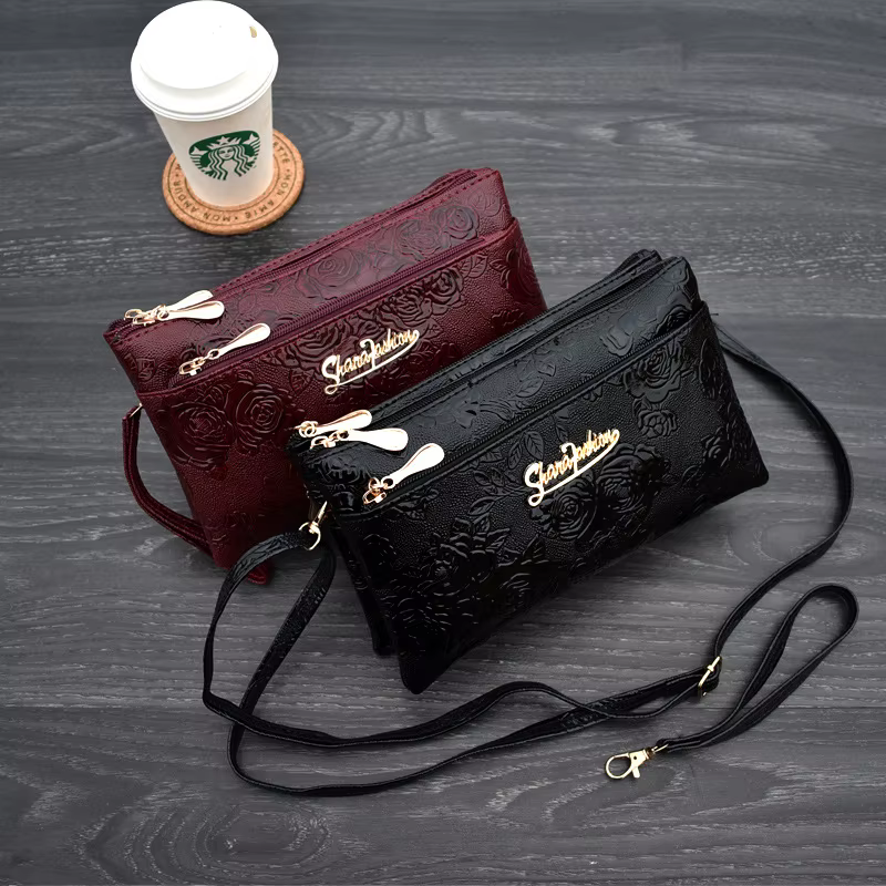 Portefeuille femme quatre fermeture éclair longue pochette 3D moletage rétro en cuir sac à main sac
