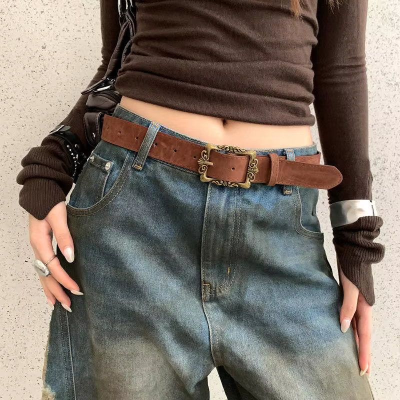 Maillard Styles rétro mode ceinture en daim avec boucle en métal