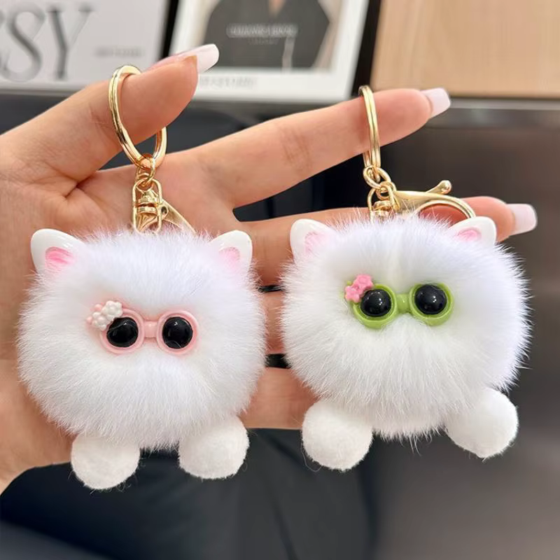 Porte-clés en peluche chaton blanc Kawaii avec lunettes, pour sac et voiture