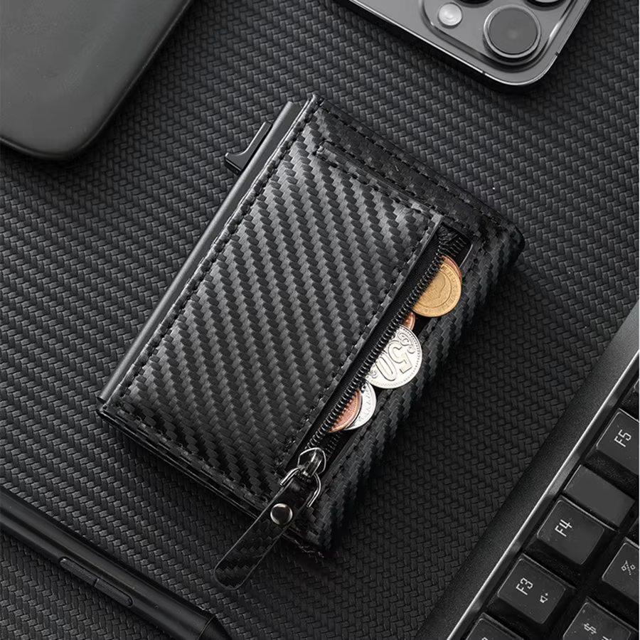 Portefeuille pour homme avec fermeture éclair, porte-monnaie, porte-cartes de crédit métallique à ouverture automatique, minimaliste, anti-RFID, idéal pour les cartes de visite