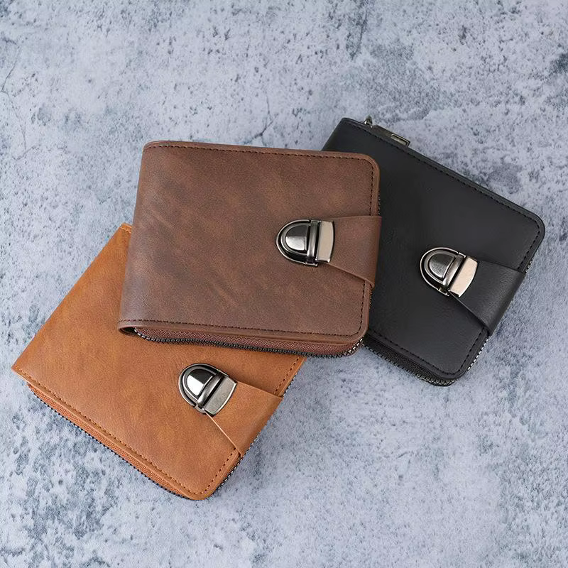 Portefeuille vintage en cuir PU pour homme avec boucle métallique sécurisée et plusieurs emplacements pour cartes