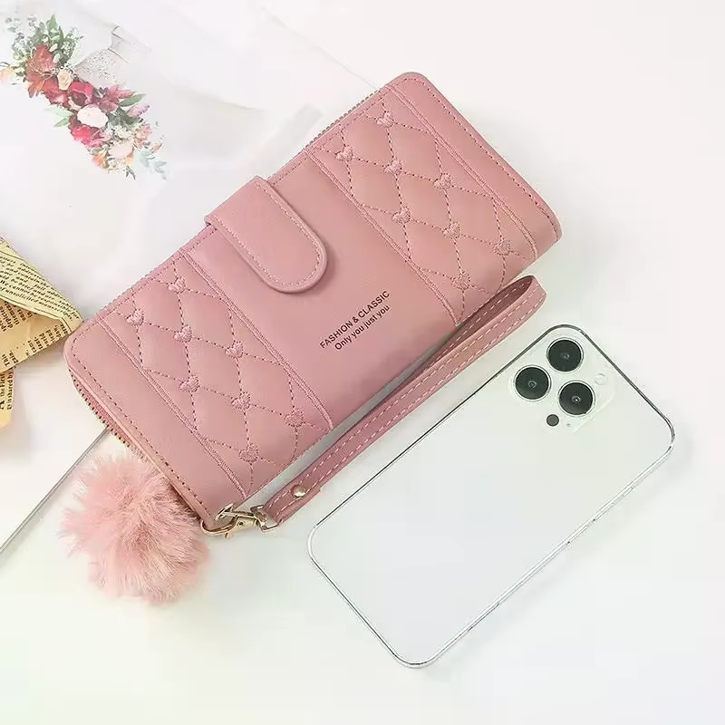 Portefeuille multi-cartes pour téléphone et monnaie avec fermeture éclair en cuir PU