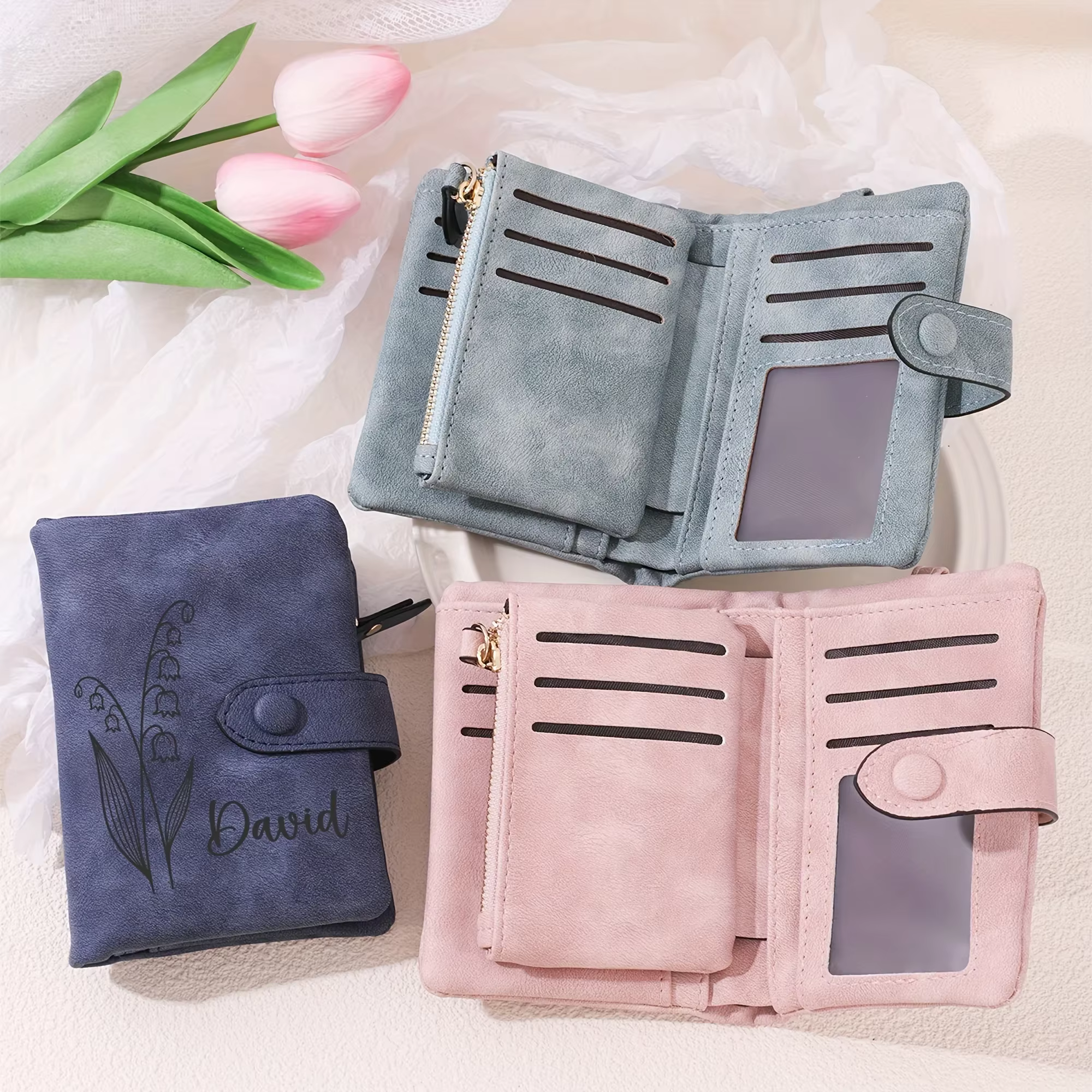 Portefeuille pour femme en cuir PU imperméable et léger avec nom personnalisé