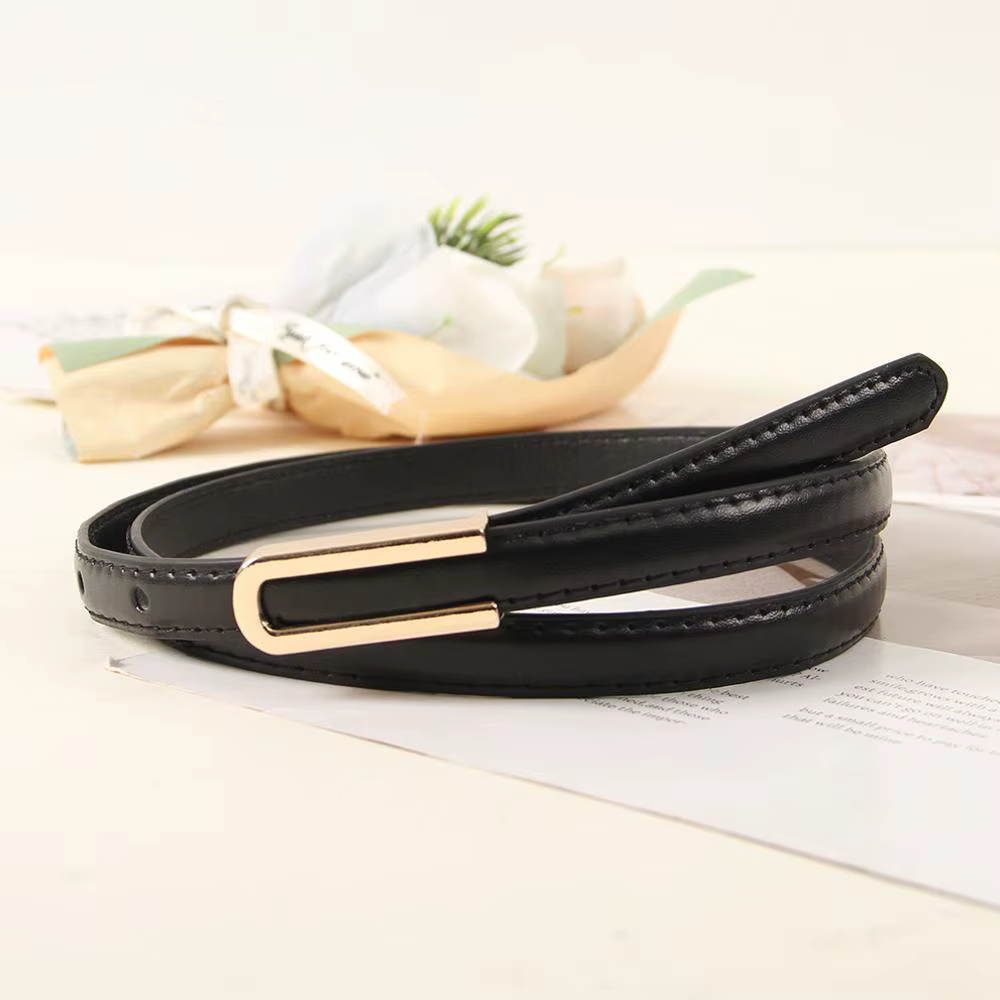 Ceinture fine en cuir noir pour femmes