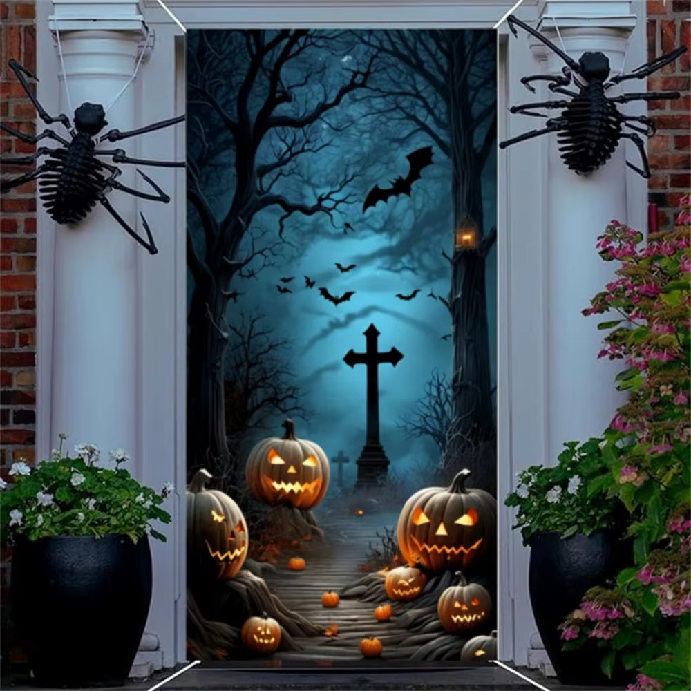 Décorations de porte d'Halloween, lune d'horreur, nuit, arbre mort, cimetière effrayante, citrouilles, bannière de couverture de porte, porte d'entrée d'Halloween, porche arrière
