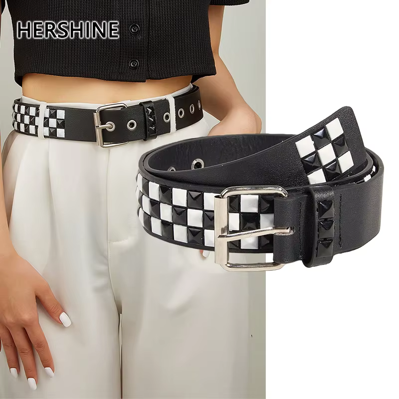 HERSHINE 1 pièce élégante ceinture en cuir à carreaux noir et blanc