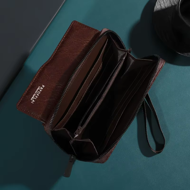Portefeuille vintage en cuir PU de couleur unie avec bracelet