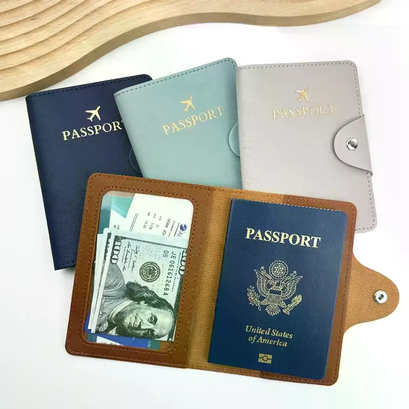 Housse de passeport en cuir PU avec fermeture à pression