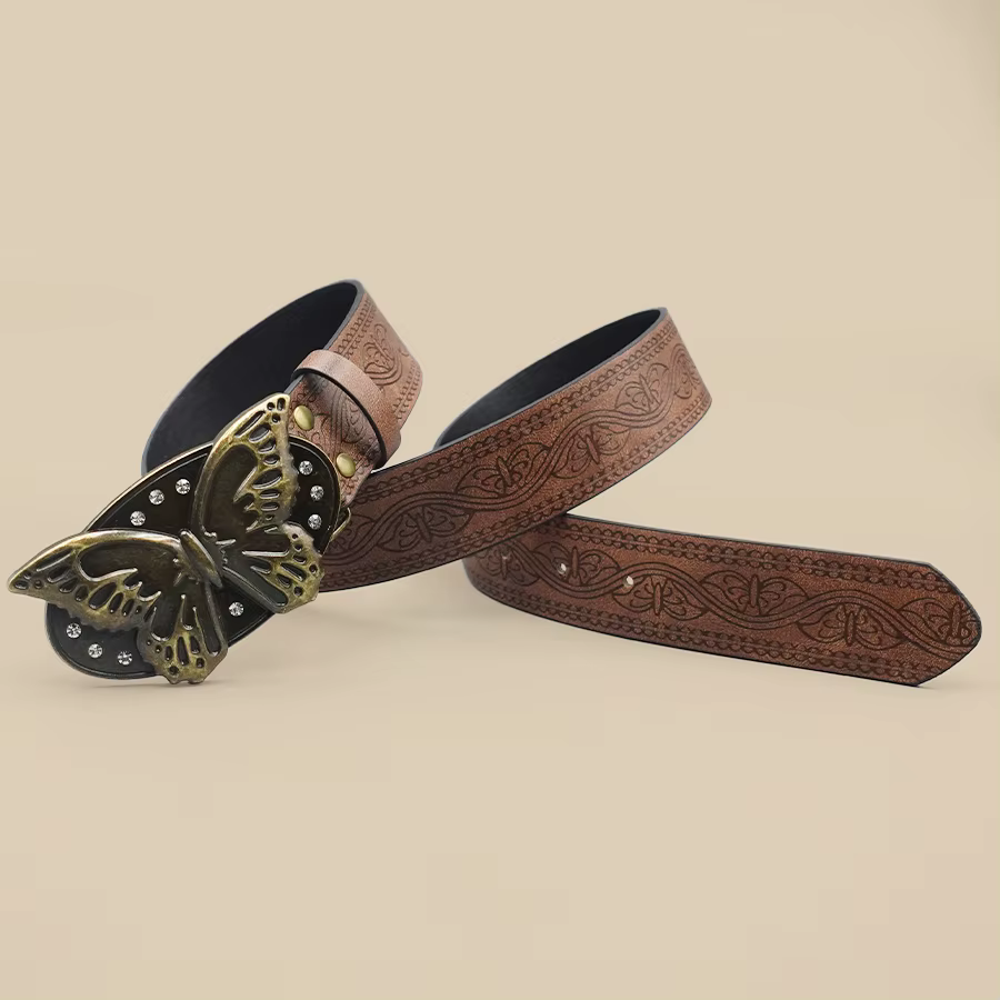 Ceinture papillon rétro Brown Street Punk – Boucle papillon en strass