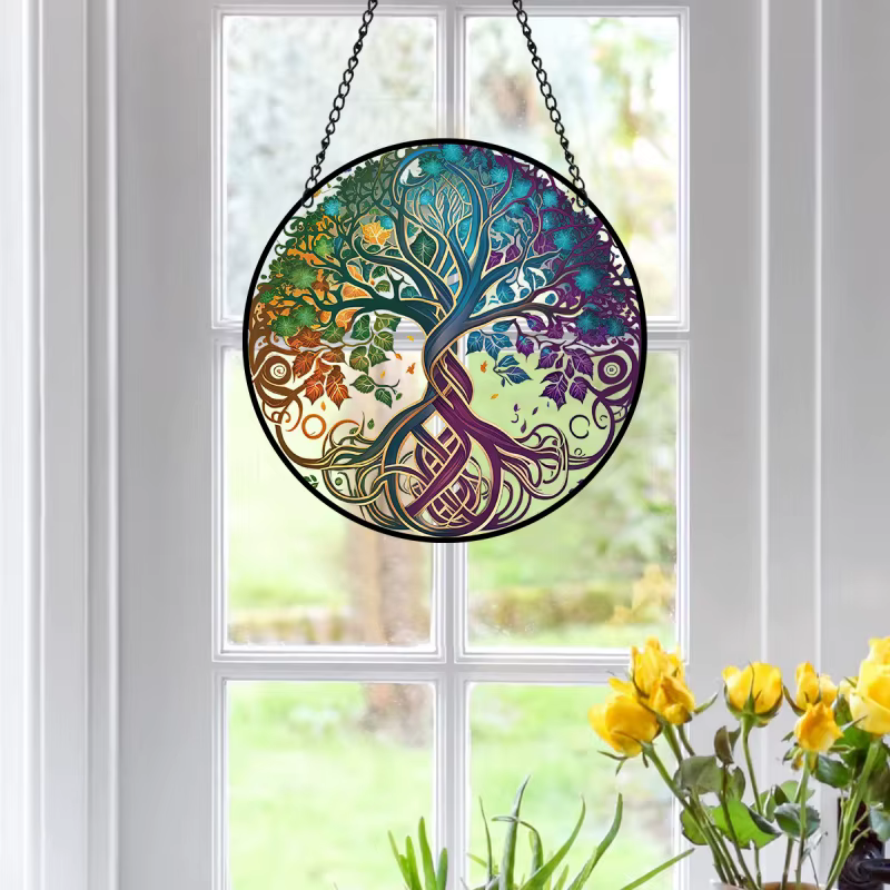 Arbre porte-bonheur rond en acrylique peint, pendentif décoratif mural, artisanat créatif, étiquette à suspendre pour la maison