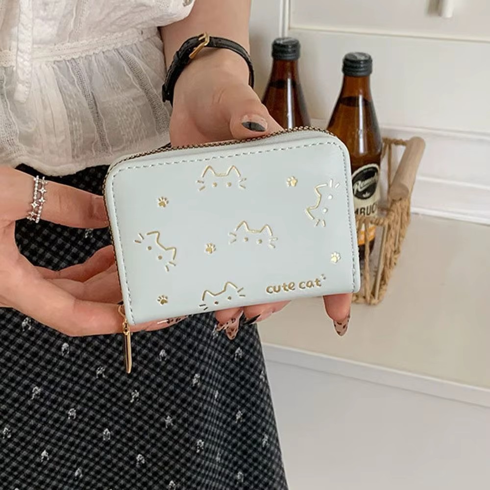Nouveau portefeuille court en cuir PU motif chat plusieurs fentes pour cartes porte-carte organisateur léger sac à main