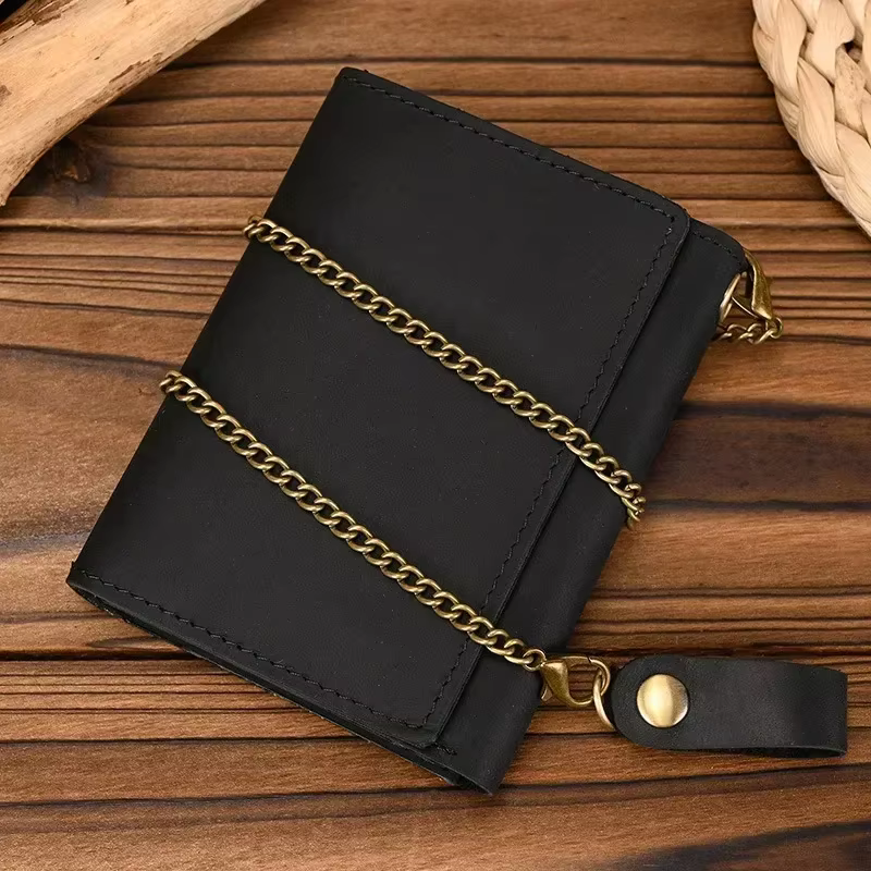 2025 hommes en cuir véritable court portefeuille avec chaîne fermeture éclair pochette portefeuilles mâle
