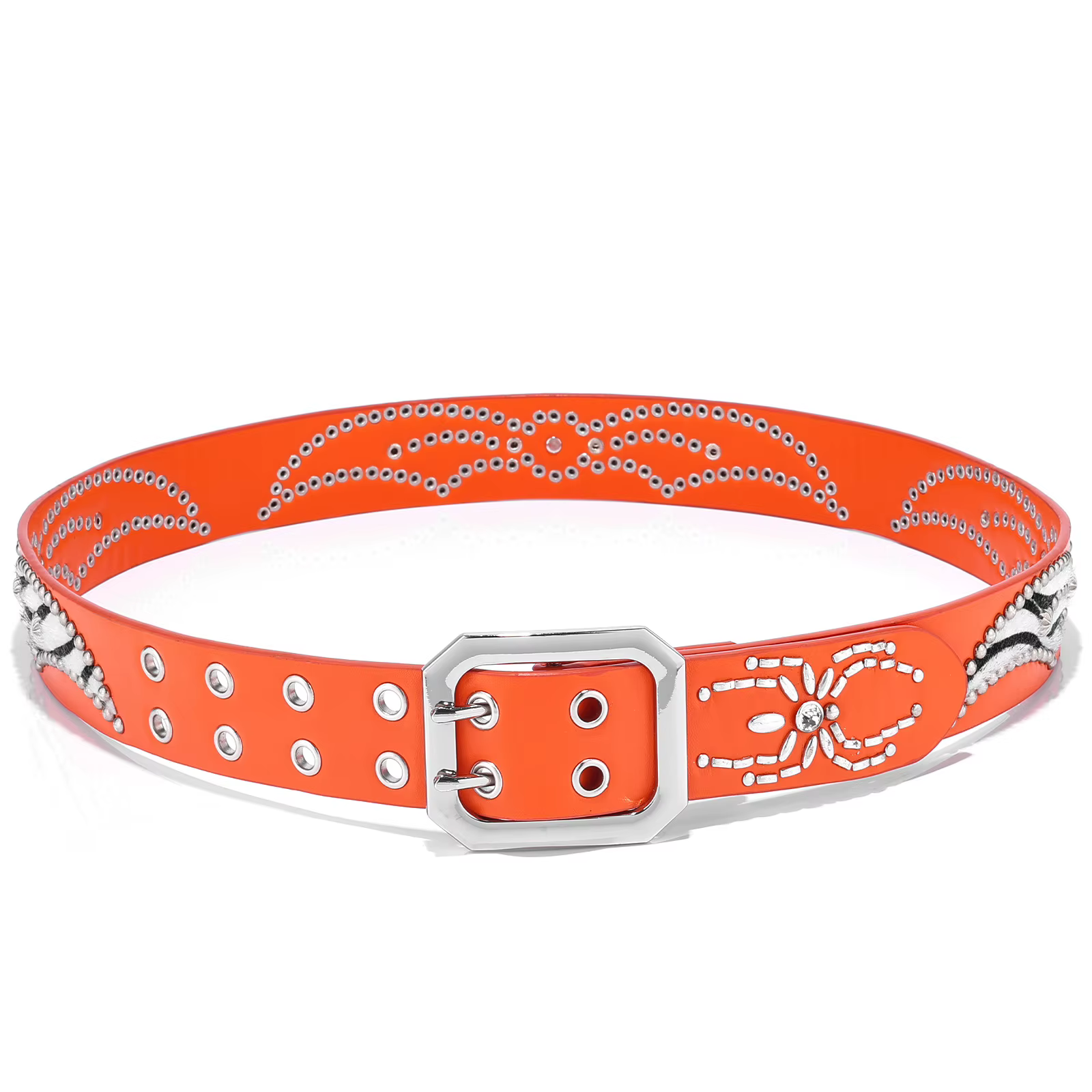 Ceinture en cuir orange avec strass pour femme