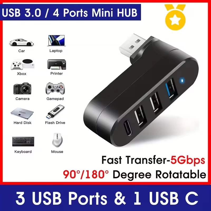 Hub USB 3.0 à 4 ports [90 ° , 180 ° Adaptateur USB rotatif, 3 ports USB et 1 port USB-C pour alimentation/données, extension USB pour ordinateurs portables, voitures
