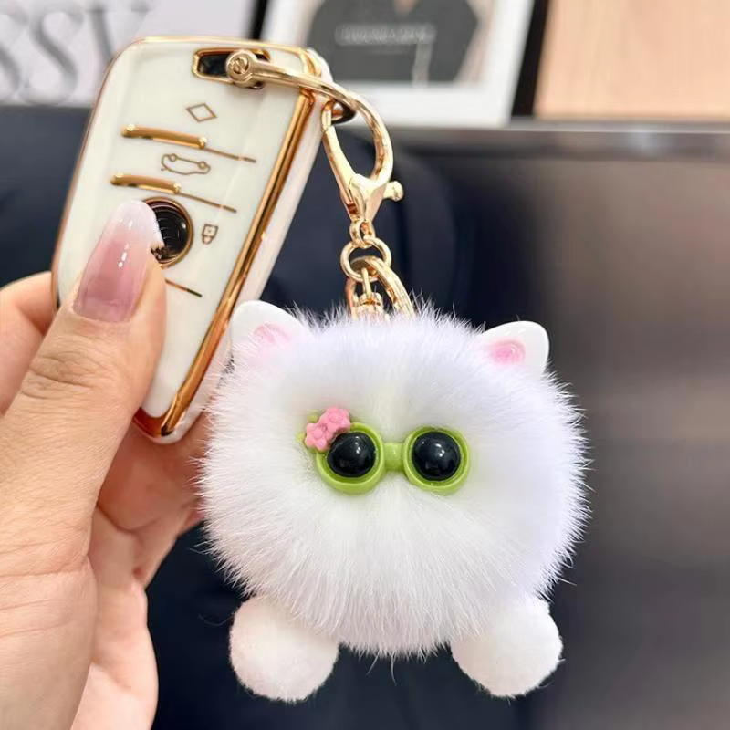 Porte-clés en peluche chaton blanc Kawaii avec lunettes, pour sac et voiture