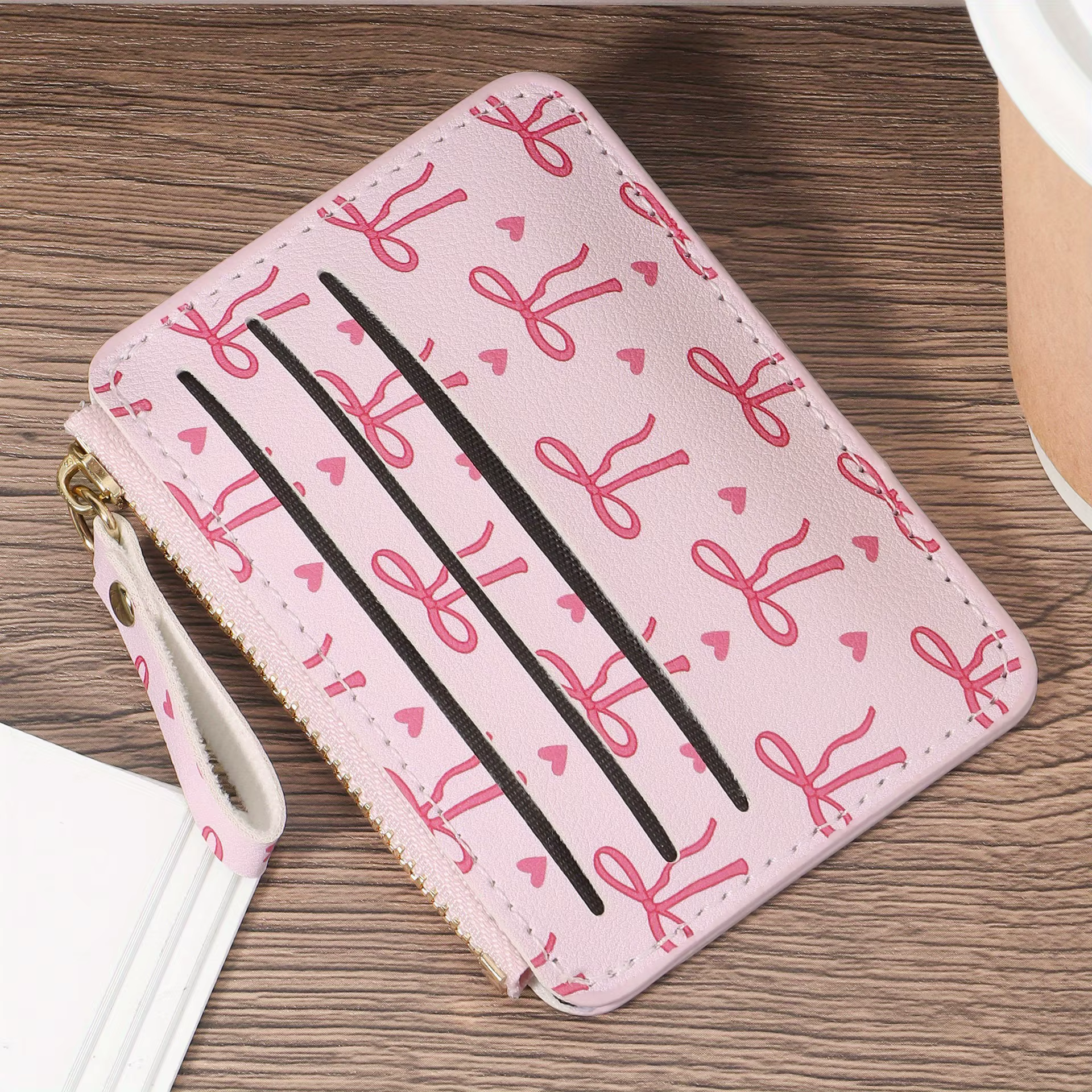 Portefeuille ultra-fin à fermeture éclair pour femme : porte-cartes rose avec nœud en forme de cœur