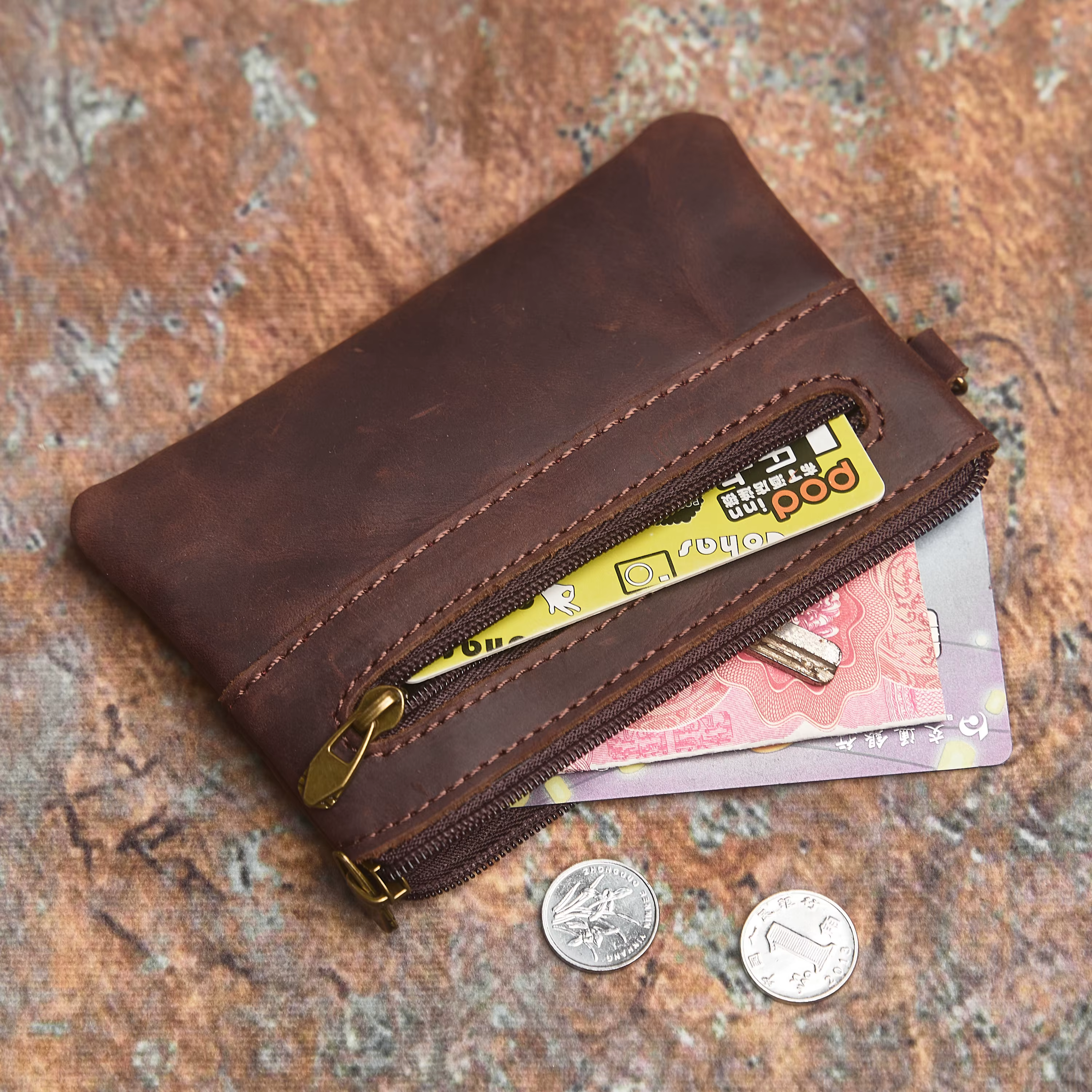 NASVA portefeuille en cuir véritable pour hommes rétro sac à monnaie fermeture éclair petit