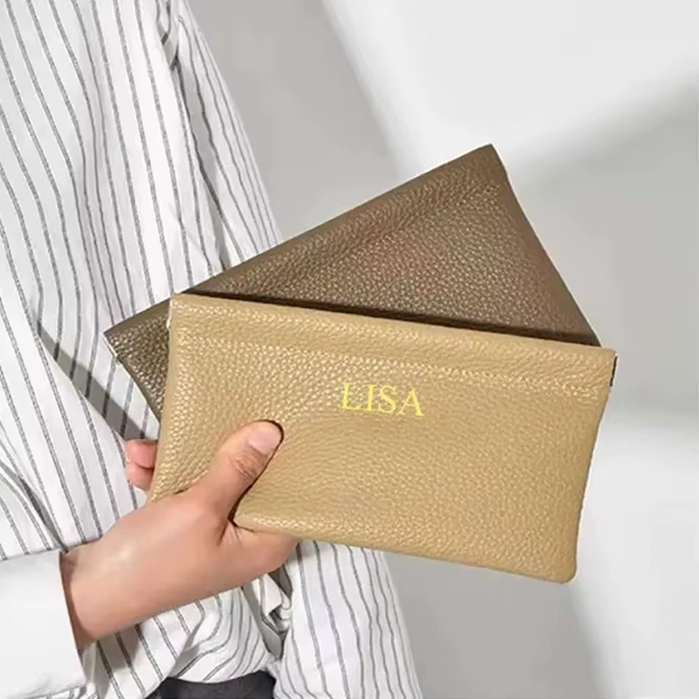 Portefeuille long minimaliste ultra-fin en cuir véritable pour femmes