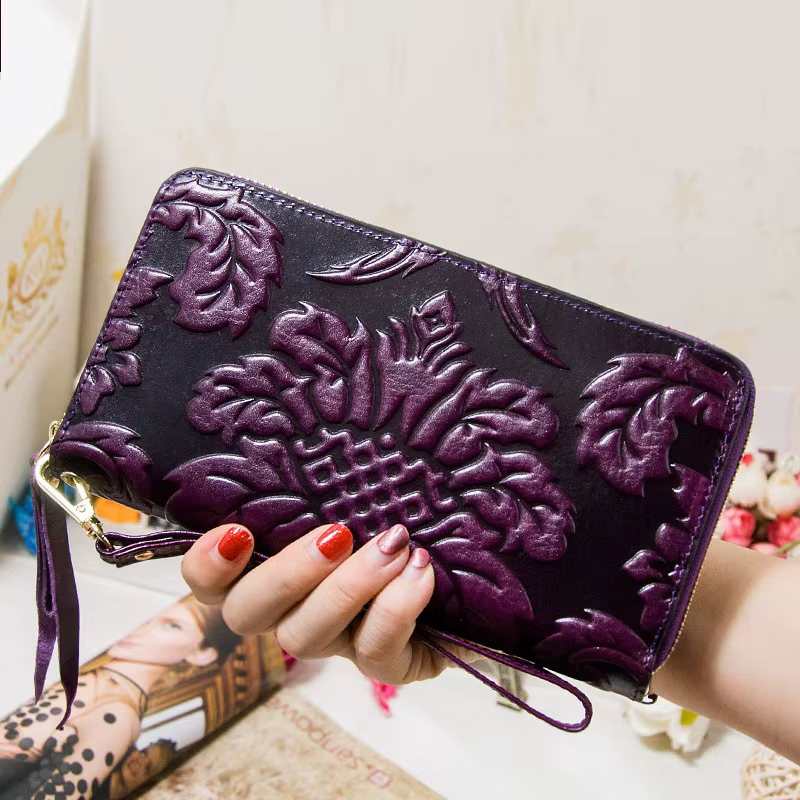 Portefeuille floral en cuir de vache véritable pour femme, sac à main vintage pour femme, pochette de grande capacité