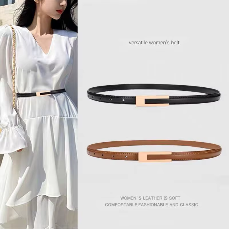 Ceinture en cuir véritable pour femme, ceinture de taille en cuir de vachette tendance avec boucle lisse, ceinture décorative polyvalente pour tenues décontractées et formelles