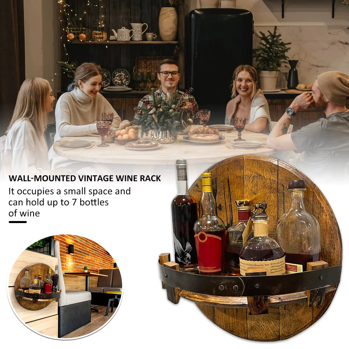 Support mural en bois pour bouteille de vin, étagères murales flottantes pour whisky Vintage, présentoir rond pour verres à vin, pour Bar, armoire de cuisine
