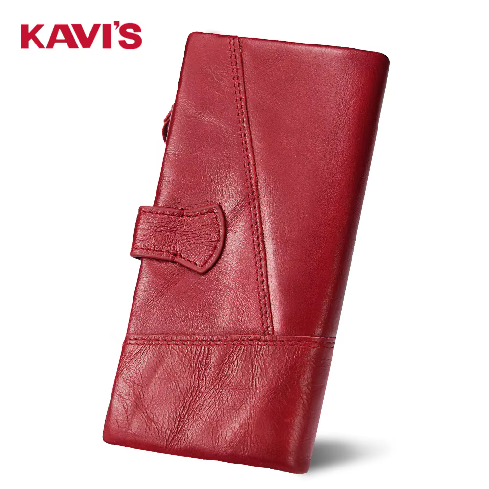 KAVIS-Portefeuille en cuir véritable pour femme, porte-monnaie unisexe, pochette longue pour femme, sacs pour téléphone portable, porte-cartes, mode