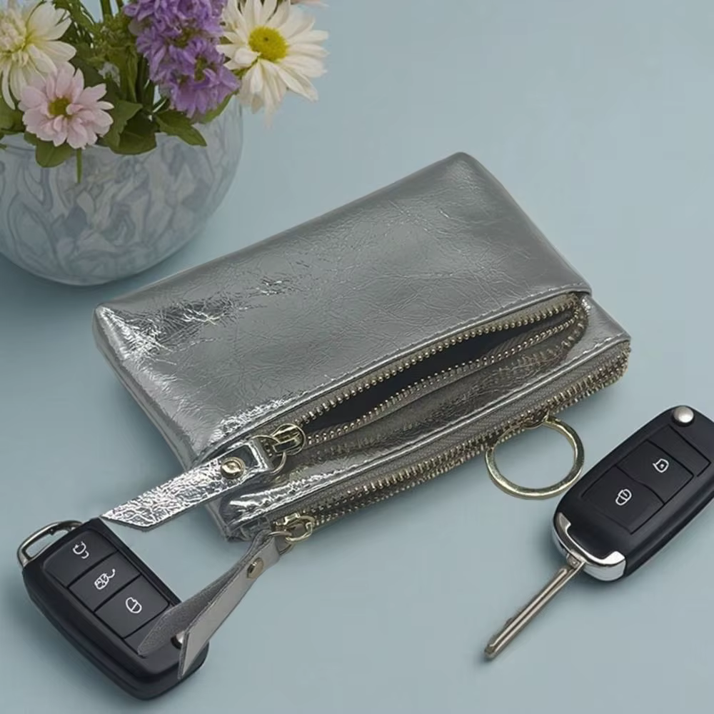 Porte-monnaie en cuir portable à double fermeture éclair