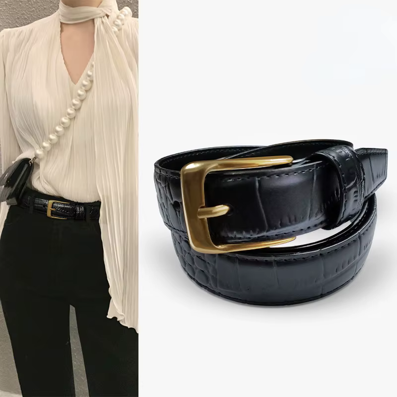 Ceinture fine en cuir véritable pour femme, motif crocodile, simple et polyvalent, décoration avec robe, mode décontractée, bretelles de surintendant, nouveau