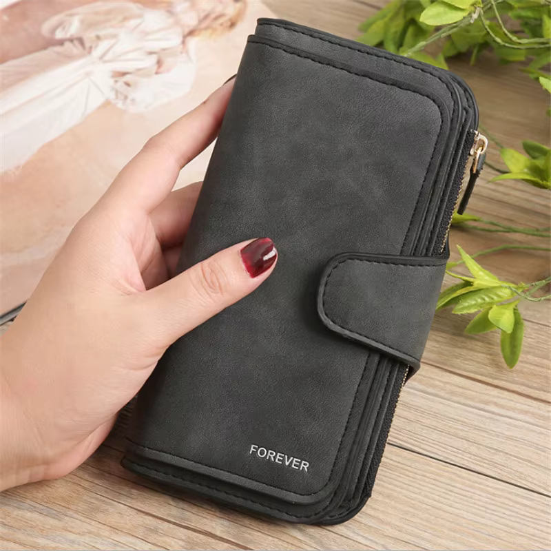 Portefeuille long en cuir brossé pour femme