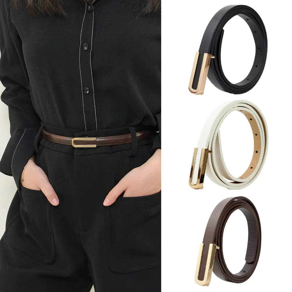 Ceinture fine en cuir noir pour femmes