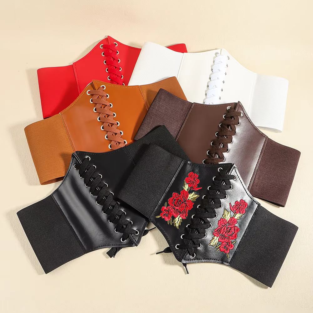 Ceinture en cuir PU pour femmes, taille élastique brodée de fleurs, à lacets, Corset Vintage, large ceinture noire pour filles