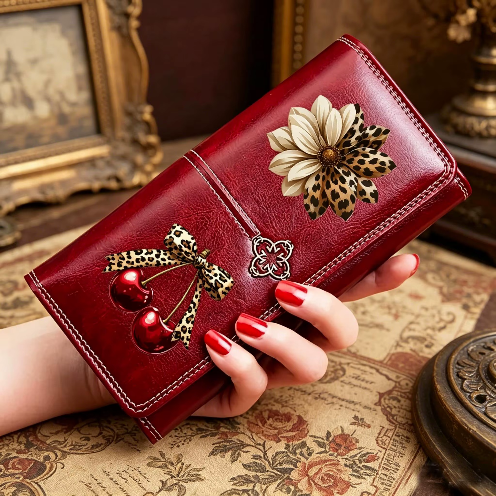 Portefeuille long pour femme en cuir PU