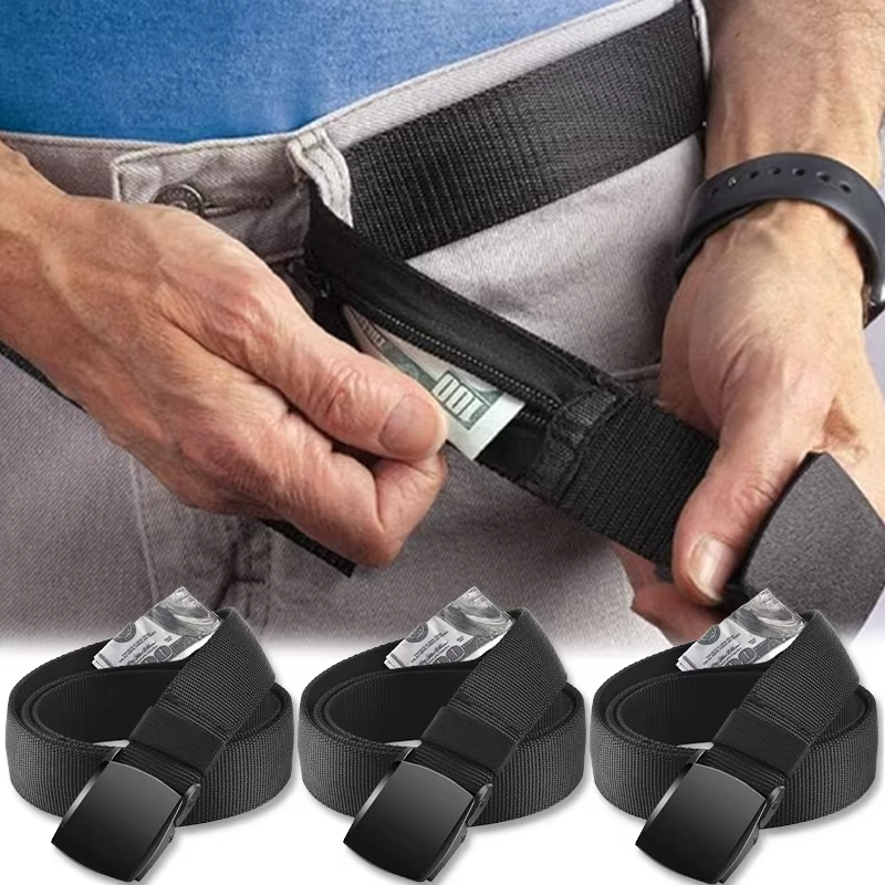 Ceintures pour hommes avec fermeture éclair fente pour argent poche sécurité extérieure cachette
