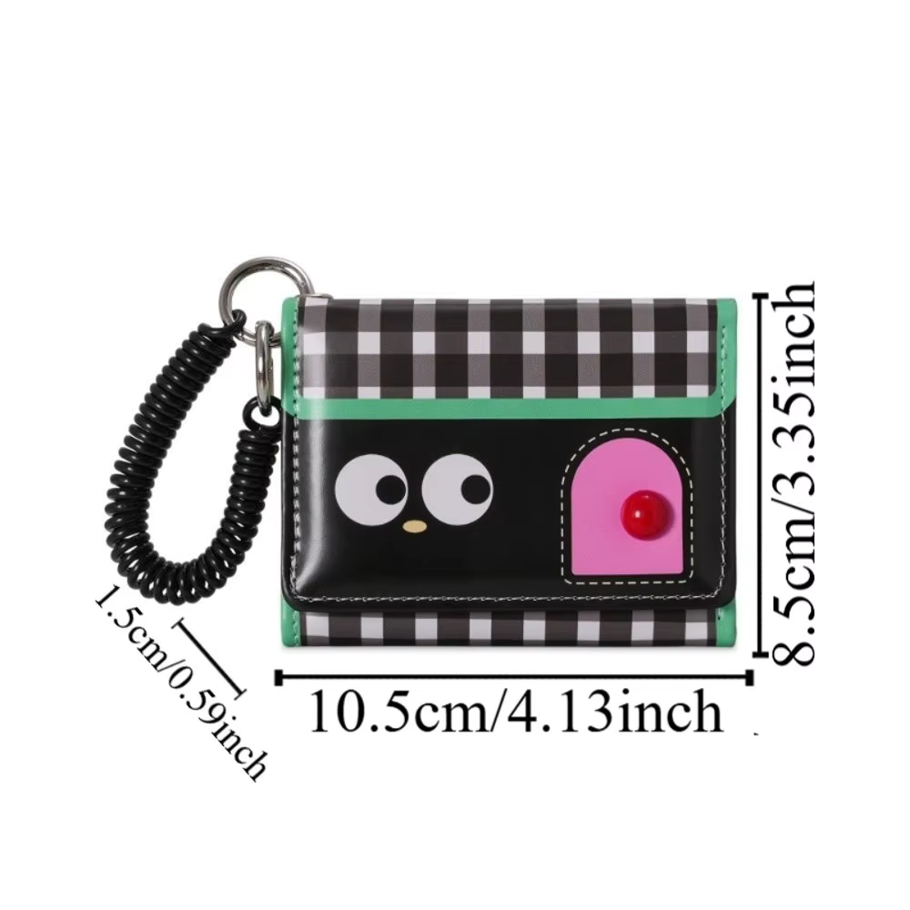 Portefeuille court multifonctionnel couleur Dopamine, porte-cartes en cuir ultra-fin à trois volets, porte-monnaie compact à cordon à ressort, motif dessin animé