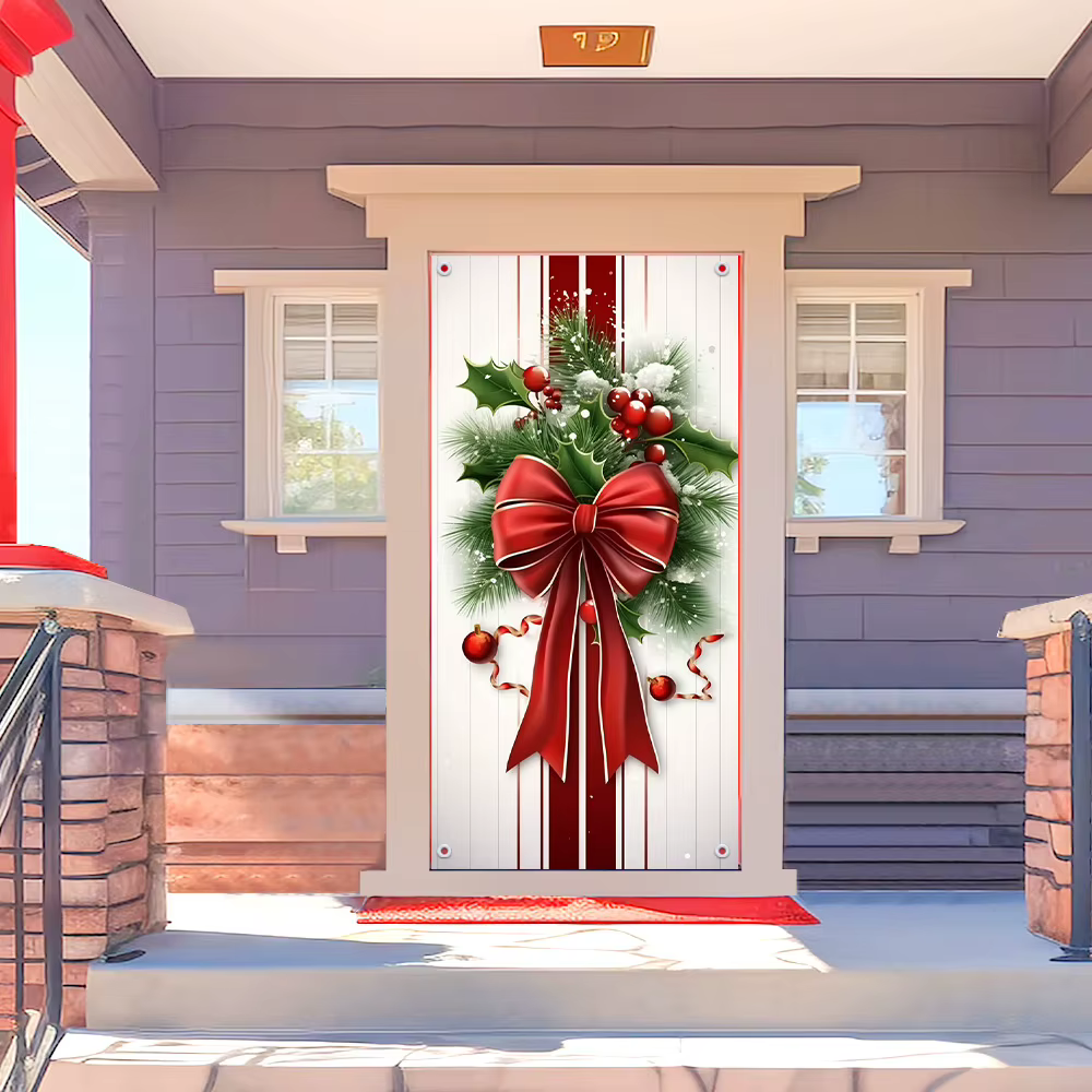 Décoration de porte de noël élégante, suspension de porte à motif de baies de houx rouge et vert, sans outil/batterie facile à installer