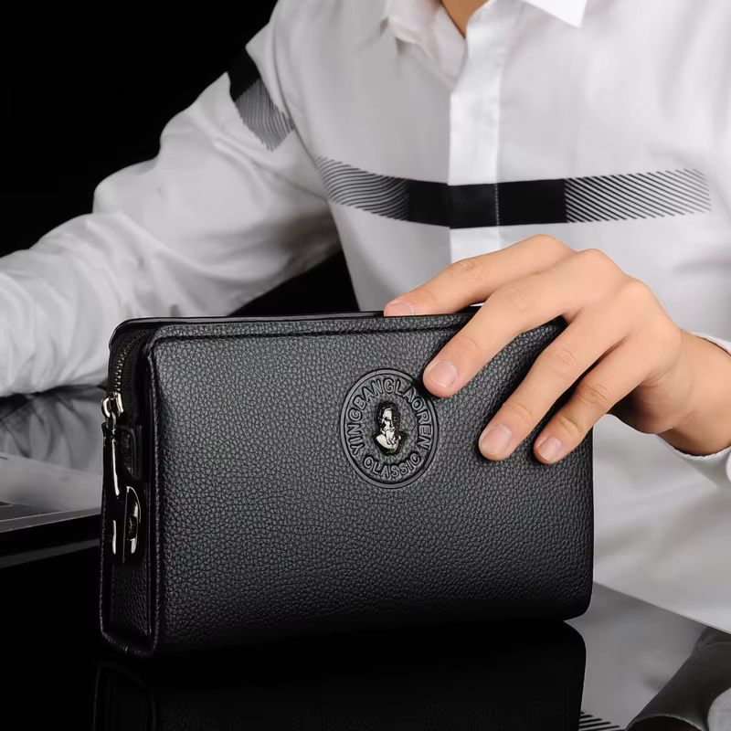 Portefeuille long pour homme ultra-fin pliable en toile style rétro grande capacité avec pince à billets en lin