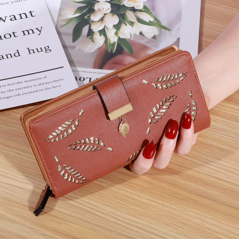 Portefeuille long en cuir PU pour femme, motif feuilles dorées ajourées, pochette, sac à main, porte-monnaie, porte-cartes, pochette de soirée