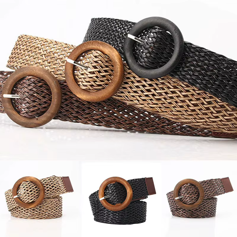 Ceinture de taille tressée noir café femme ceinture Vintage Boho ronde en bois boucle lisse fausse paille larges ceintures sangle de taille pour les femmes