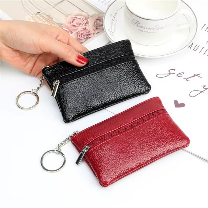 Porte-monnaie en cuir avec fermeture éclair pour hommes et enfants