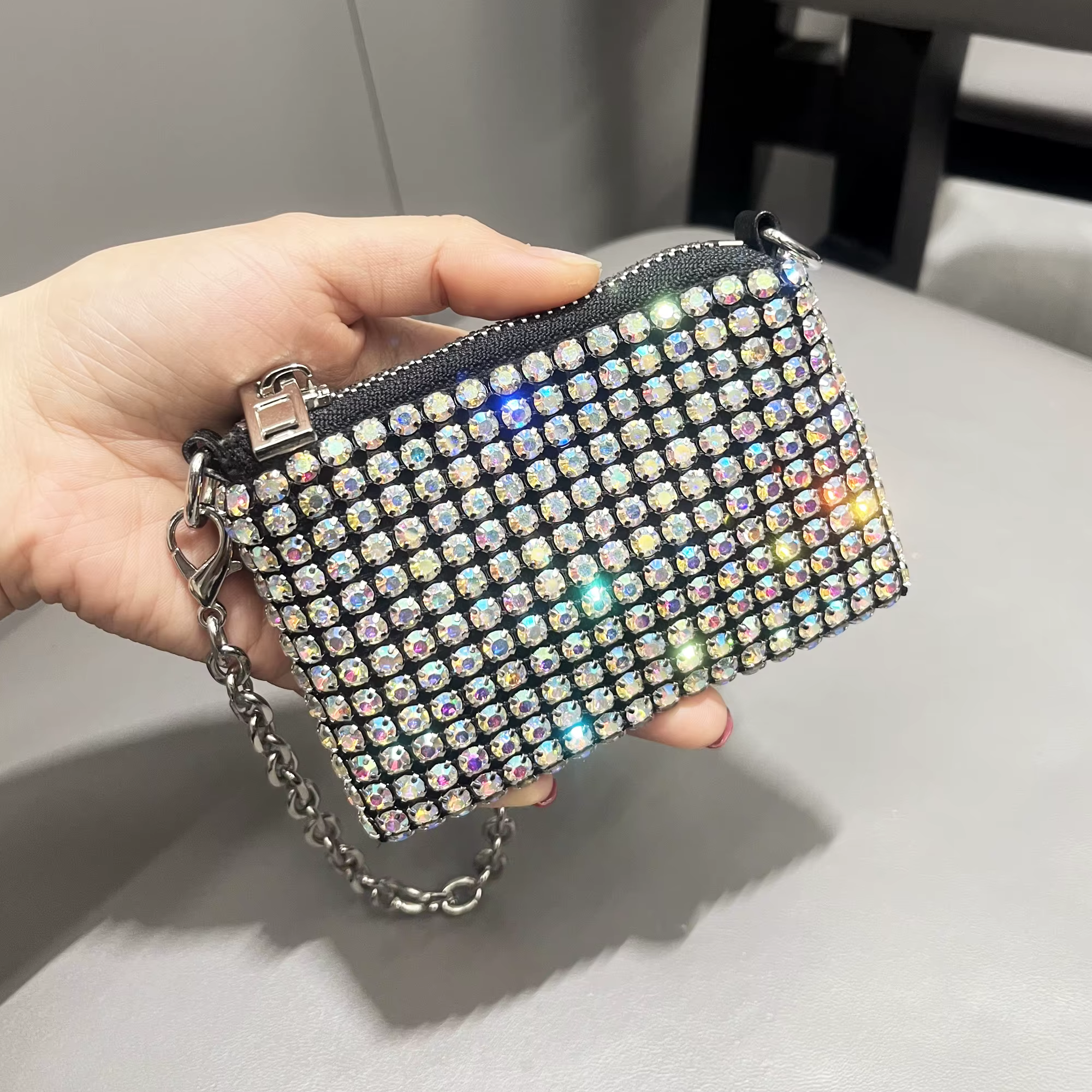 Mini petit sac brillant strass porte-monnaie chaîne courte sac à monnaie poignée