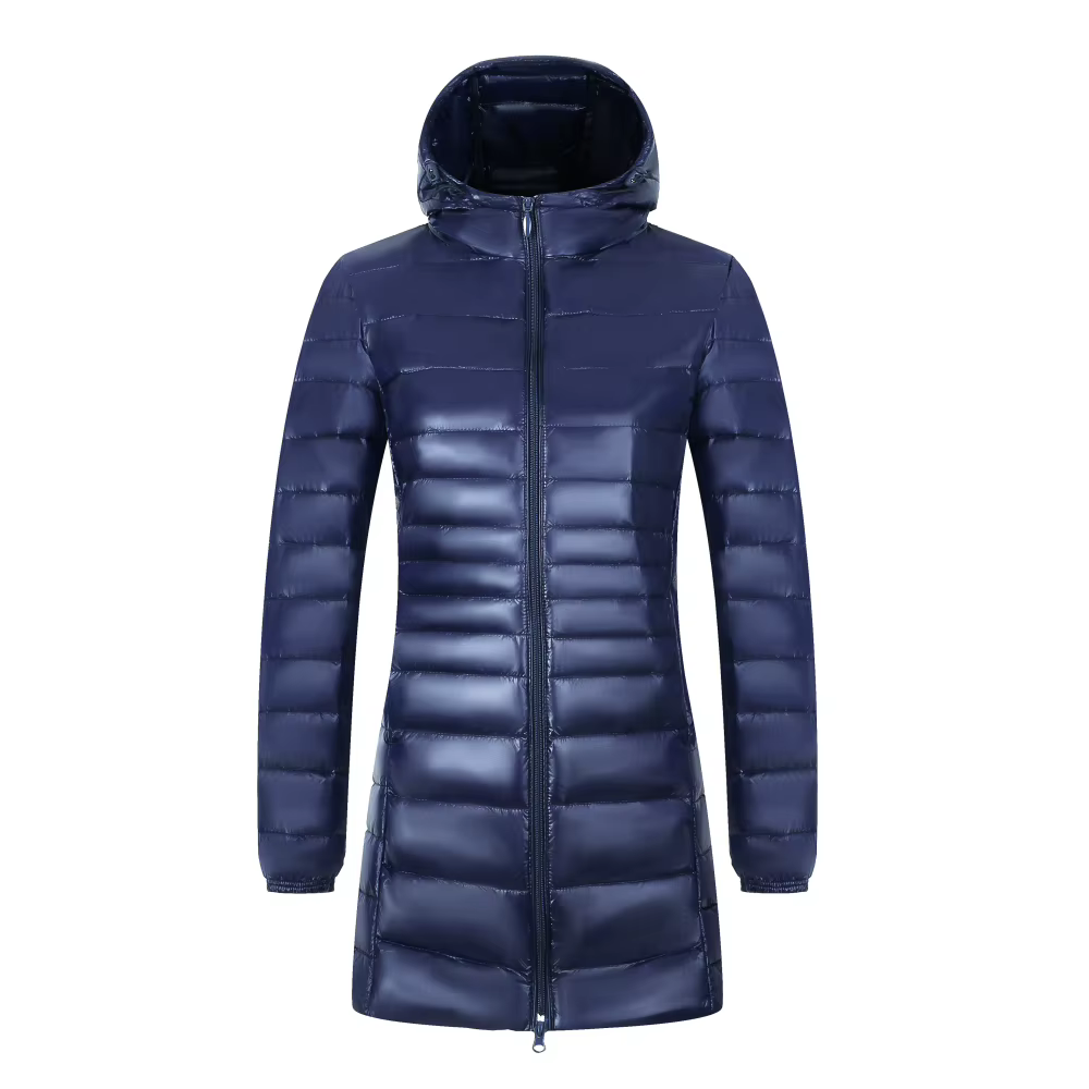 Manteau long en duvet chaud pour femme avec sac de rangement portable