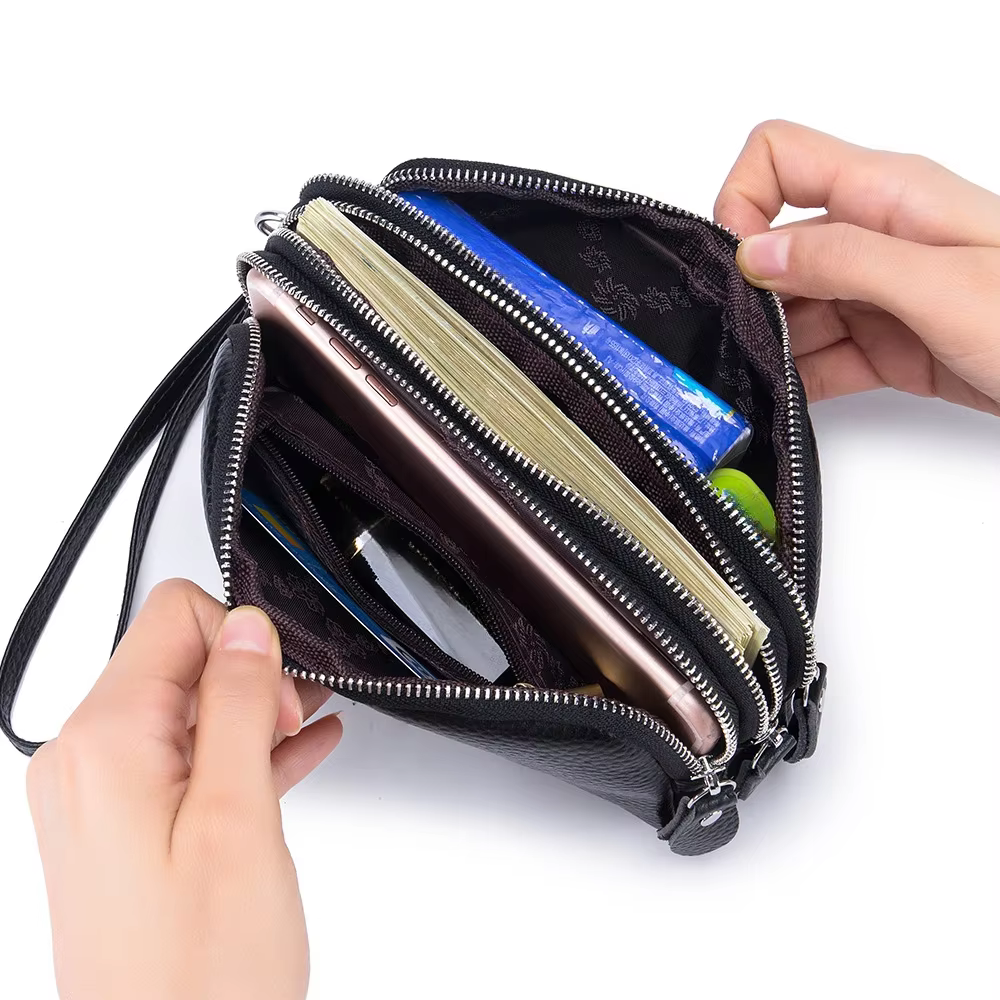 Portefeuille long en cuir véritable pour femme