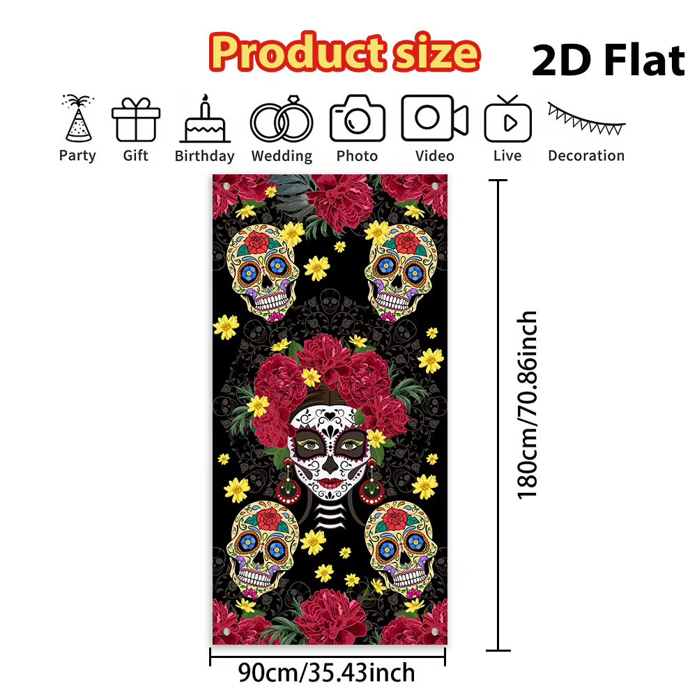 Housse de porte et toile de fond suspendue pour le Jour des Morts, motif floral tête de mort mexicaine, pour Halloween, décoration de porte d'entrée, mur, fenêtre, fournitures de fête