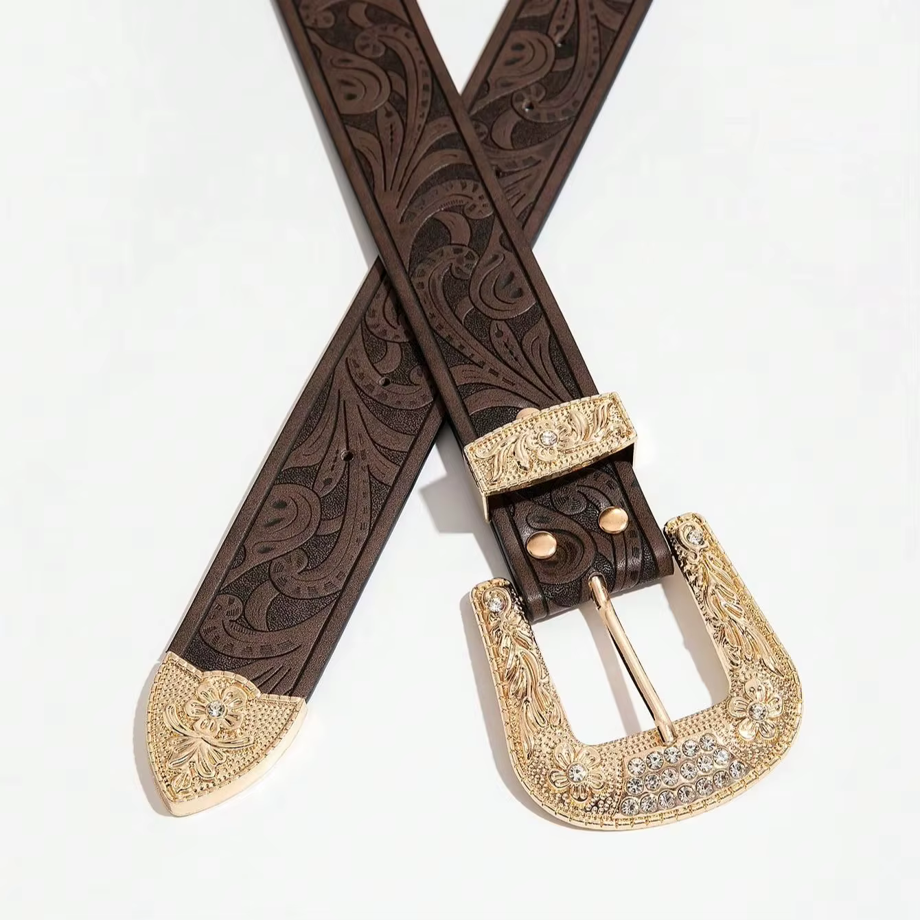 Ceinture marron vintage sculptée de style occidental pour femme
