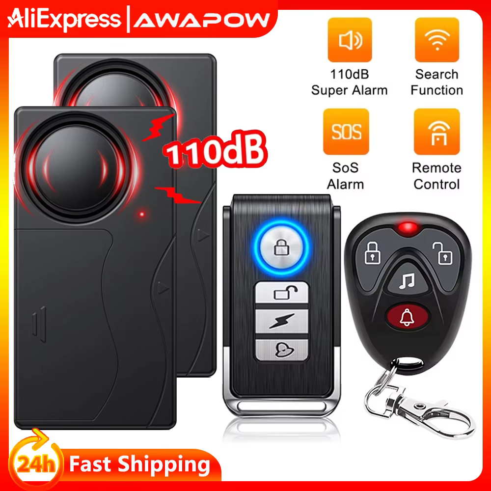 Awapow – alarme sans fil à vibrations pour vélo et moto, alarme antivol pour porte et fenêtre, 110dB, télécommande puissante, sécurité domestique pour vélo