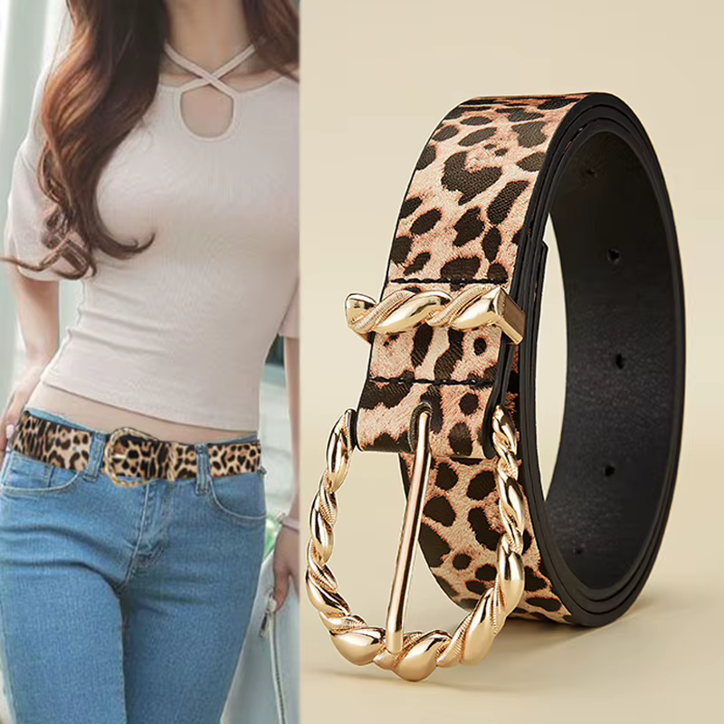 Ceinture en cuir PU à motif léopard rétro pour femmes avec boucle en alliage doré