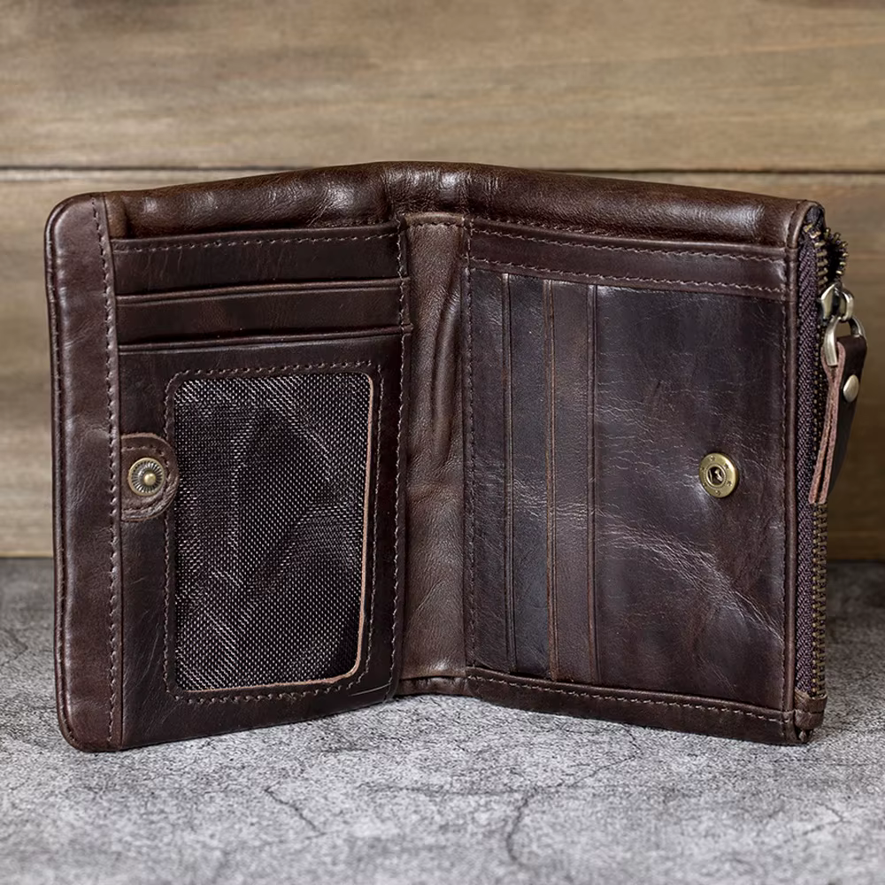 Portefeuille en Cuir Durable pour Homme, avec Fermeture Éclair Latérale, Poche à Monnaie, Rétro, Guile, Sacs d'Argent, Pochette Courte